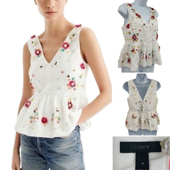 J. Crew Hand 3D Bead Embellished Peplum Babydoll Top Linen Sz.4 NWT - Picture 1 of 7